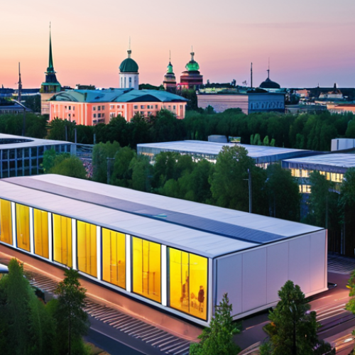 Home 4 **
A vibrant cityscape of Helsinki, Finland at dusk. Modern architecture blends with lush green spaces. Focus on a group of young entrepreneurs brainstorming ideas, with glowing screens and sleek devices surrounding them. In the background, a subtle depiction of a thriving forest industry.
**