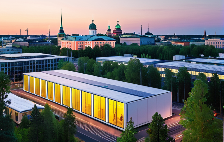 **
A vibrant cityscape of Helsinki, Finland at dusk. Modern architecture blends with lush green spaces. Focus on a group of young entrepreneurs brainstorming ideas, with glowing screens and sleek devices surrounding them. In the background, a subtle depiction of a thriving forest industry.
**