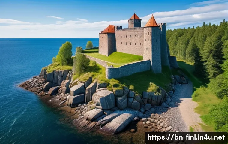 핀란드 툴레리카 성 탐방기 - A majestic medieval stone fortress located by the sea in Finland, showcasing large, smooth, precisel...
