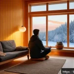 Home 19 핀란드 겨울철 생존 전략 - A cozy Finnish winter interior scene showing a living room illuminated by warm yellow and orange lig...