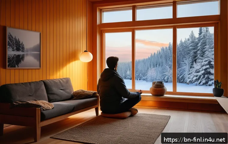 핀란드 겨울철 생존 전략 - A cozy Finnish winter interior scene showing a living room illuminated by warm yellow and orange lig...