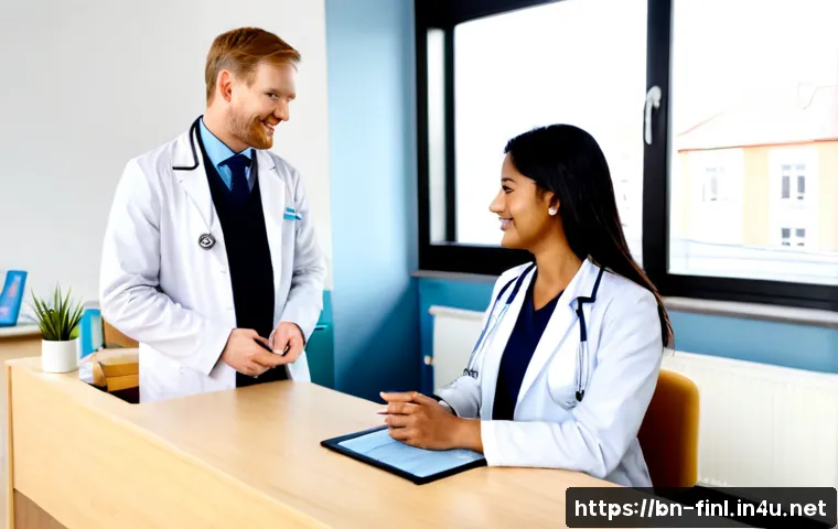 Home 17 핀란드 의료 서비스 리뷰 - Photorealistic Finnish public healthcare clinic reception, friendly doctor in a white coat calmly as...