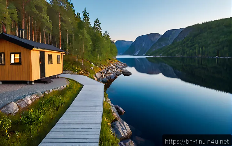 핀란드와 노르웨이 비교 여행 - Photorealistic split-scene travel comparison, Finland on the left with a serene lakeside sauna cabin...